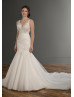 Beaded Ivory Lace Tulle Deep V Back Wedding Dress